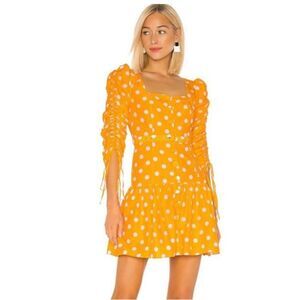 Revolve Nicholas Ruched Sleeve Button Front Dress Yellow Polka Dot No Belt 10